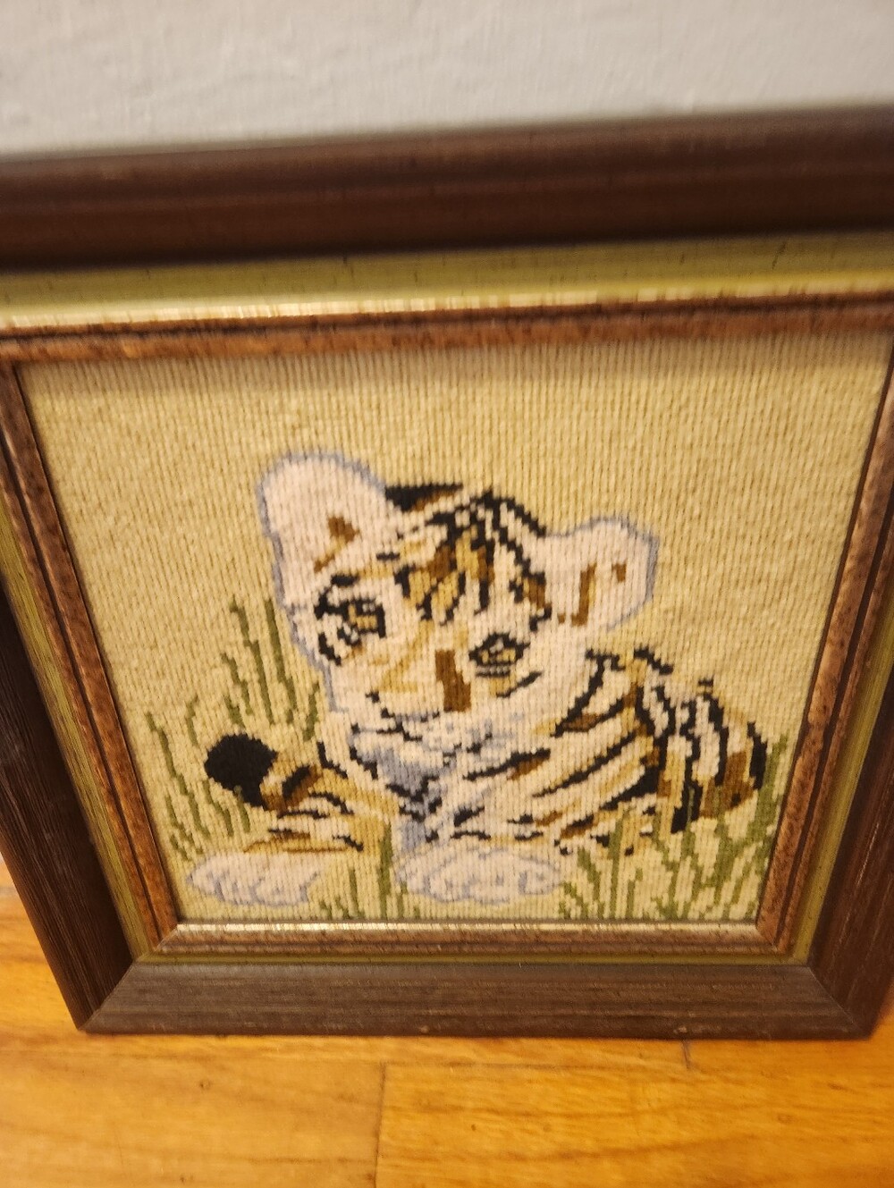 Framed Cross-Stitch Tiger Cub Artwork in Yellow and Brown - Picture 3 of 4